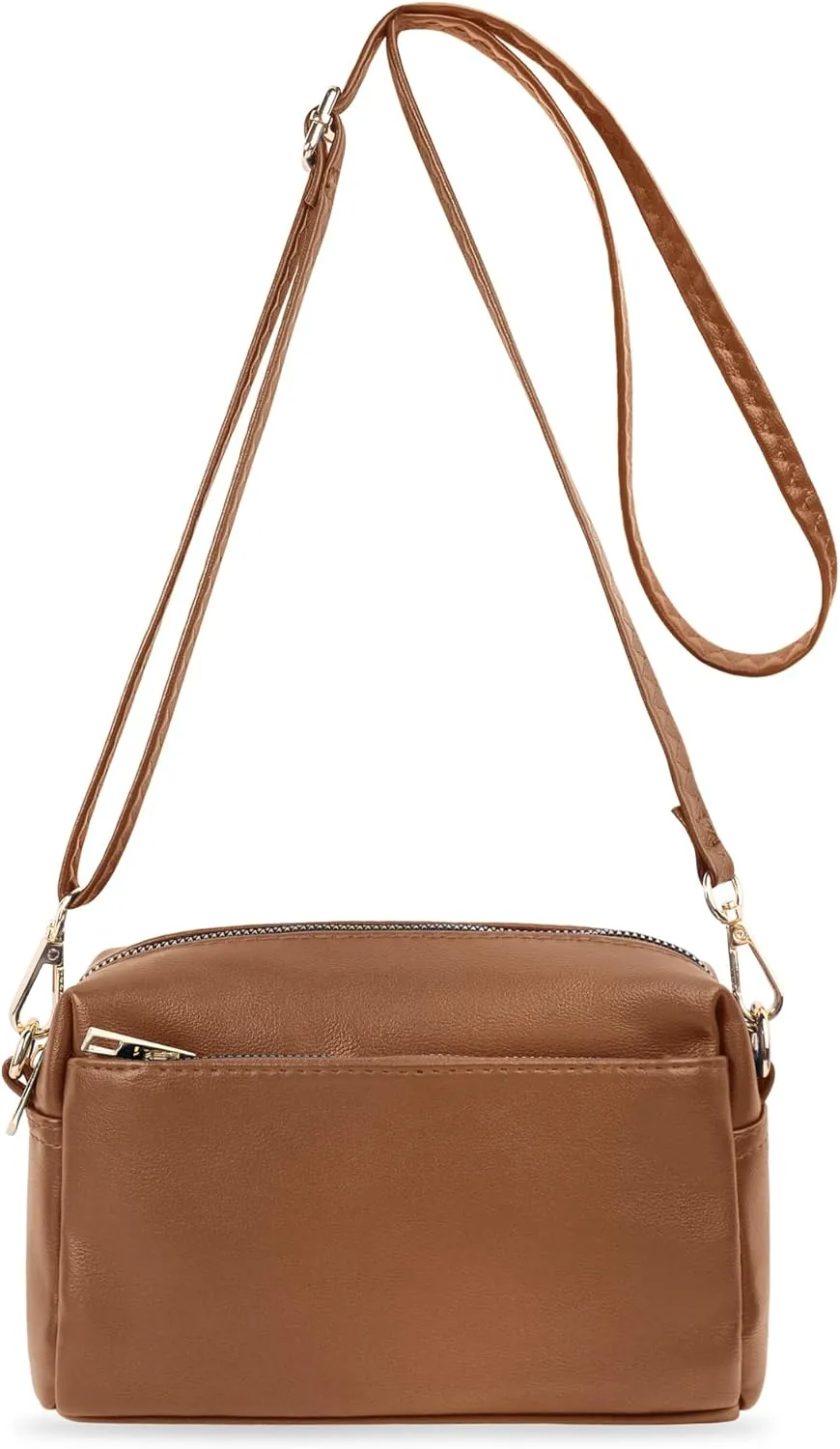 VOROLO Crossbody Bag Small Leather Triple Zip Crossbody Purse Shoulder Bag with Ajustable Strap for Women BROWN