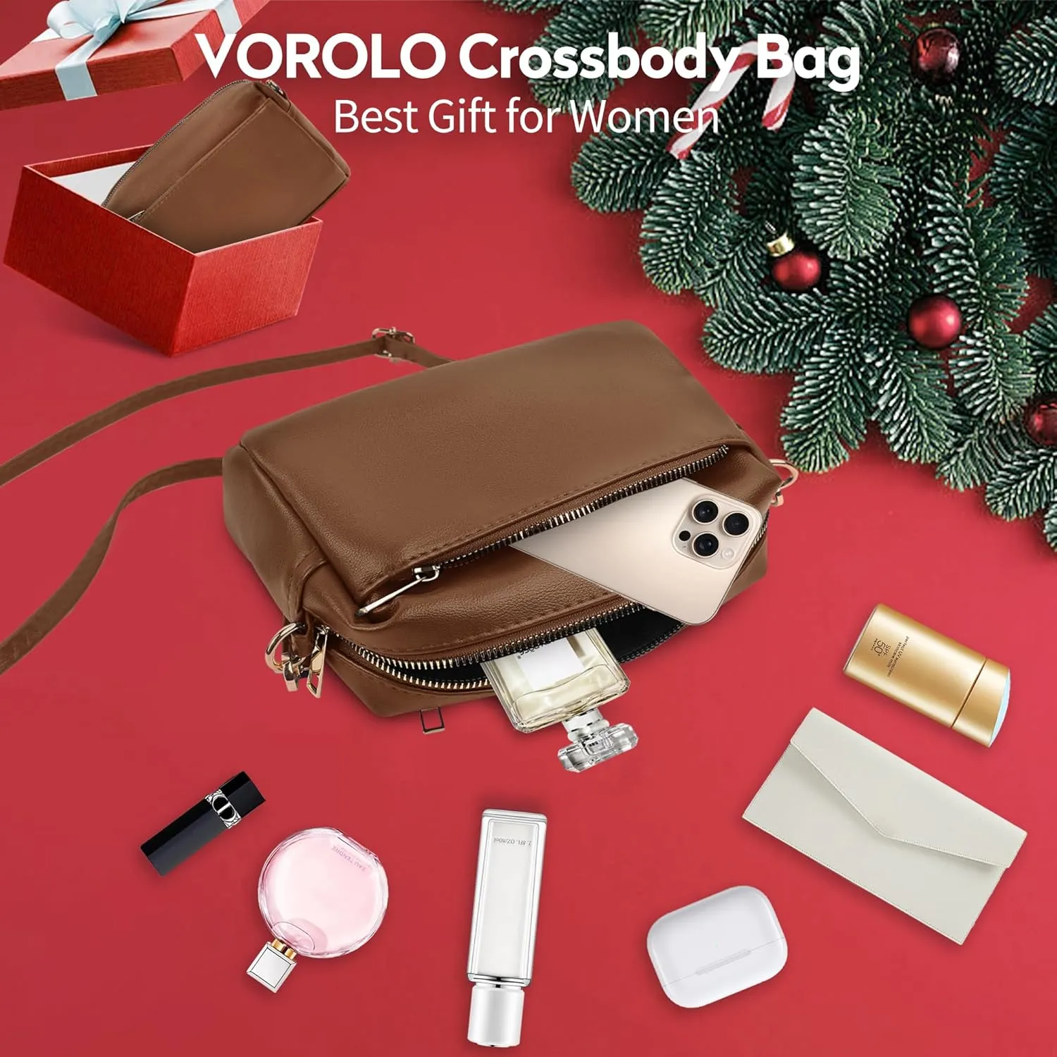 VOROLO Crossbody Bag Small Leather Triple Zip Crossbody Purse Shoulder Bag with Ajustable Strap for Women BROWN