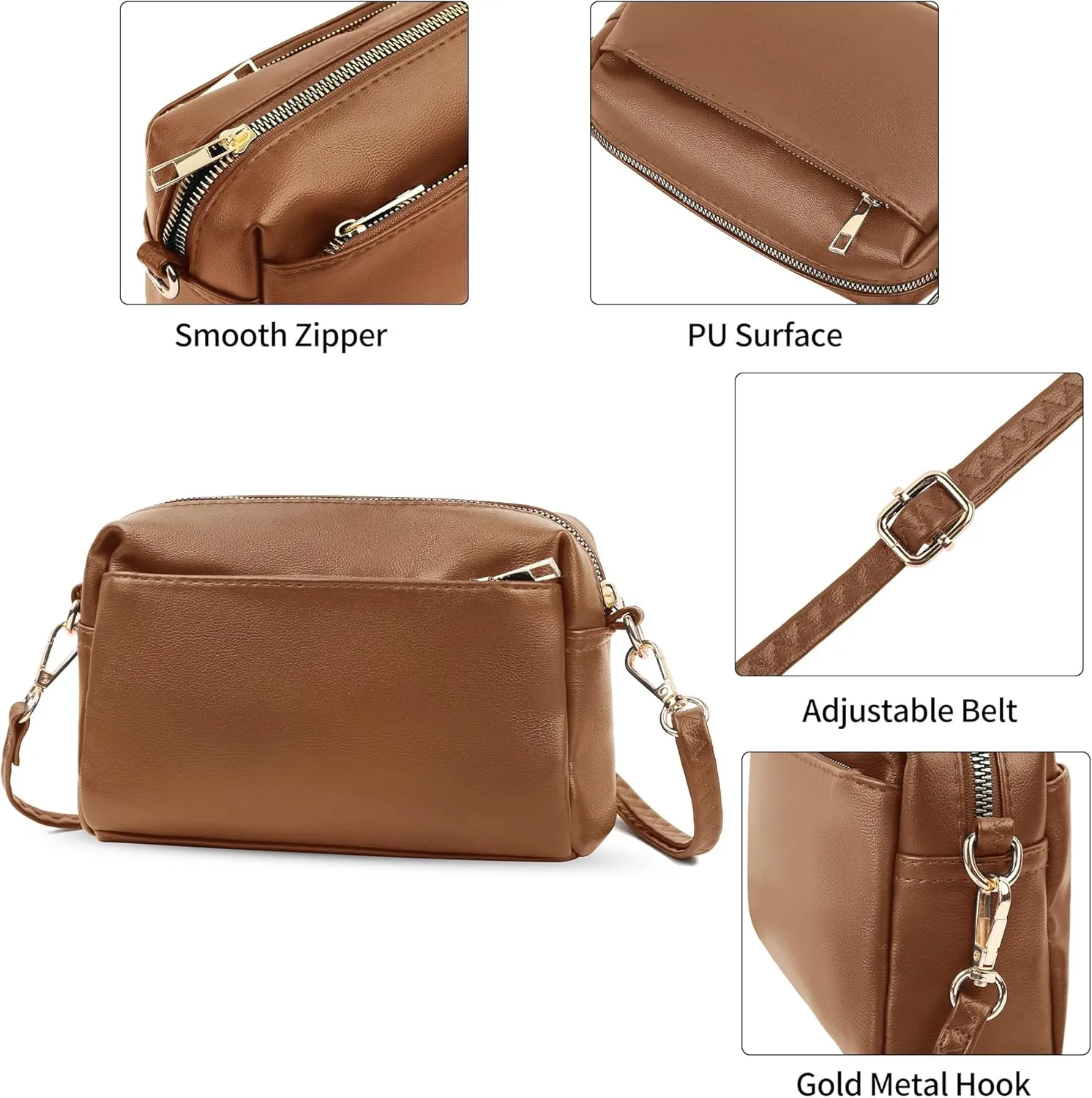 VOROLO Crossbody Bag Small Leather Triple Zip Crossbody Purse Shoulder Bag with Ajustable Strap for Women BROWN