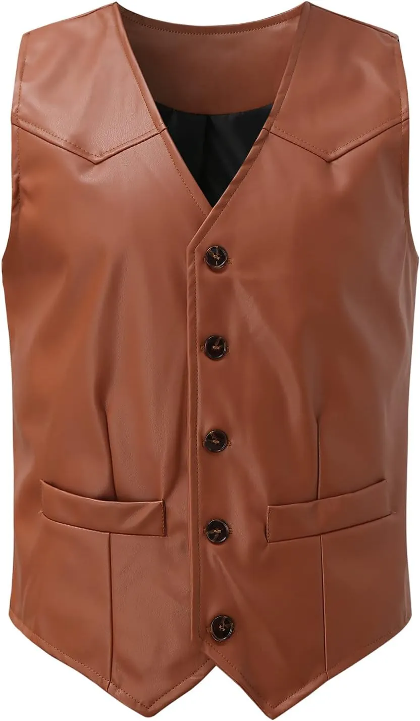 WABEOR Men's Vintage Faux Leather Vest Slim Fit Casual Single-Breasted Cowboy Suit Vest Retro Western Waistcoat with Pockets