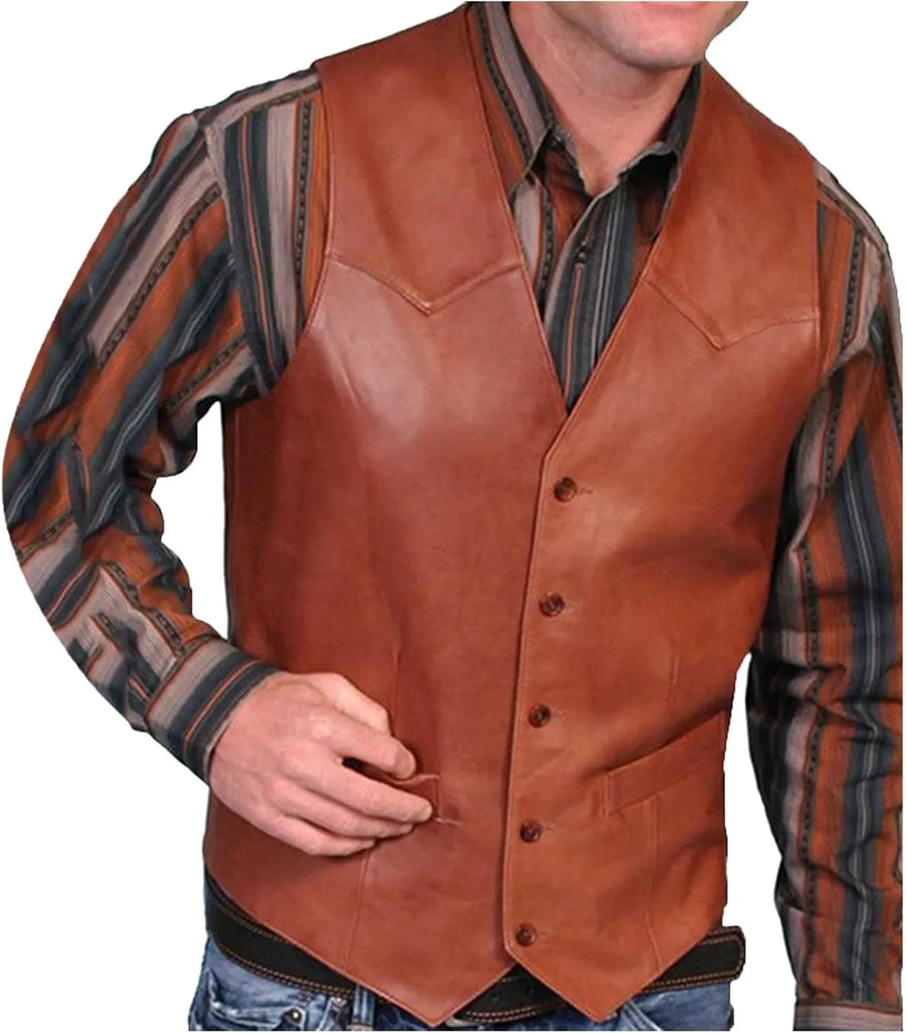 WABEOR Men's Vintage Faux Leather Vest Slim Fit Casual Single-Breasted Cowboy Suit Vest Retro Western Waistcoat with Pockets
