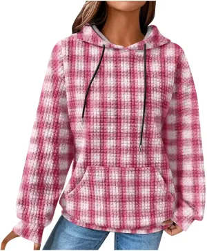 Waffle Hoodie Sweatshirts for Women Long Sleeve Shirts Fall Casual Tops Blouse Plaid Pullover with Pocket 2024, Small