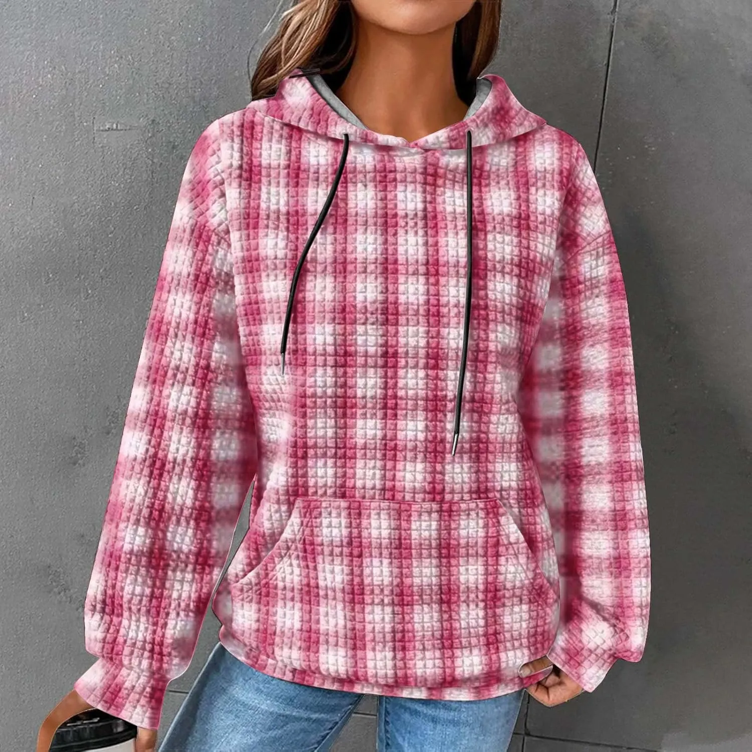 Waffle Hoodie Sweatshirts for Women Long Sleeve Shirts Fall Casual Tops Blouse Plaid Pullover with Pocket 2024, Small