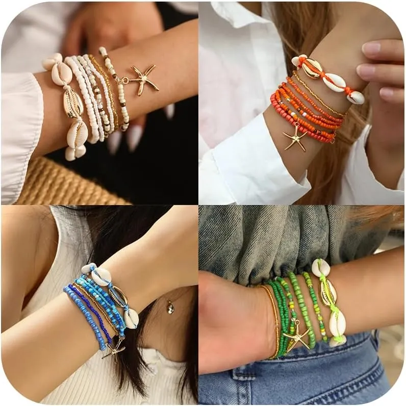 WAINIS Bohemian Bracelets Set for Women Boho Stackable Layering Friendship Bracelets Beaded Stretch Shell Starfish Bracelets Elastic Beach Jewelry