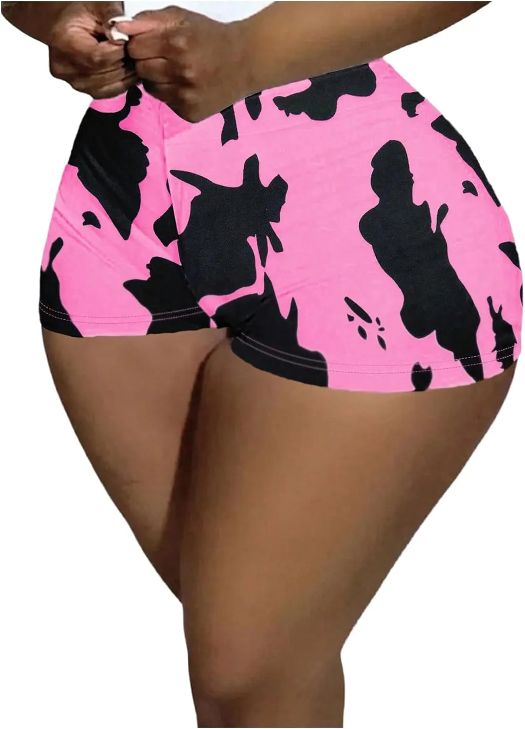 WDIRARA Women's Cow Print Elastic High Waist Shorts Stretch Skinny Shorts