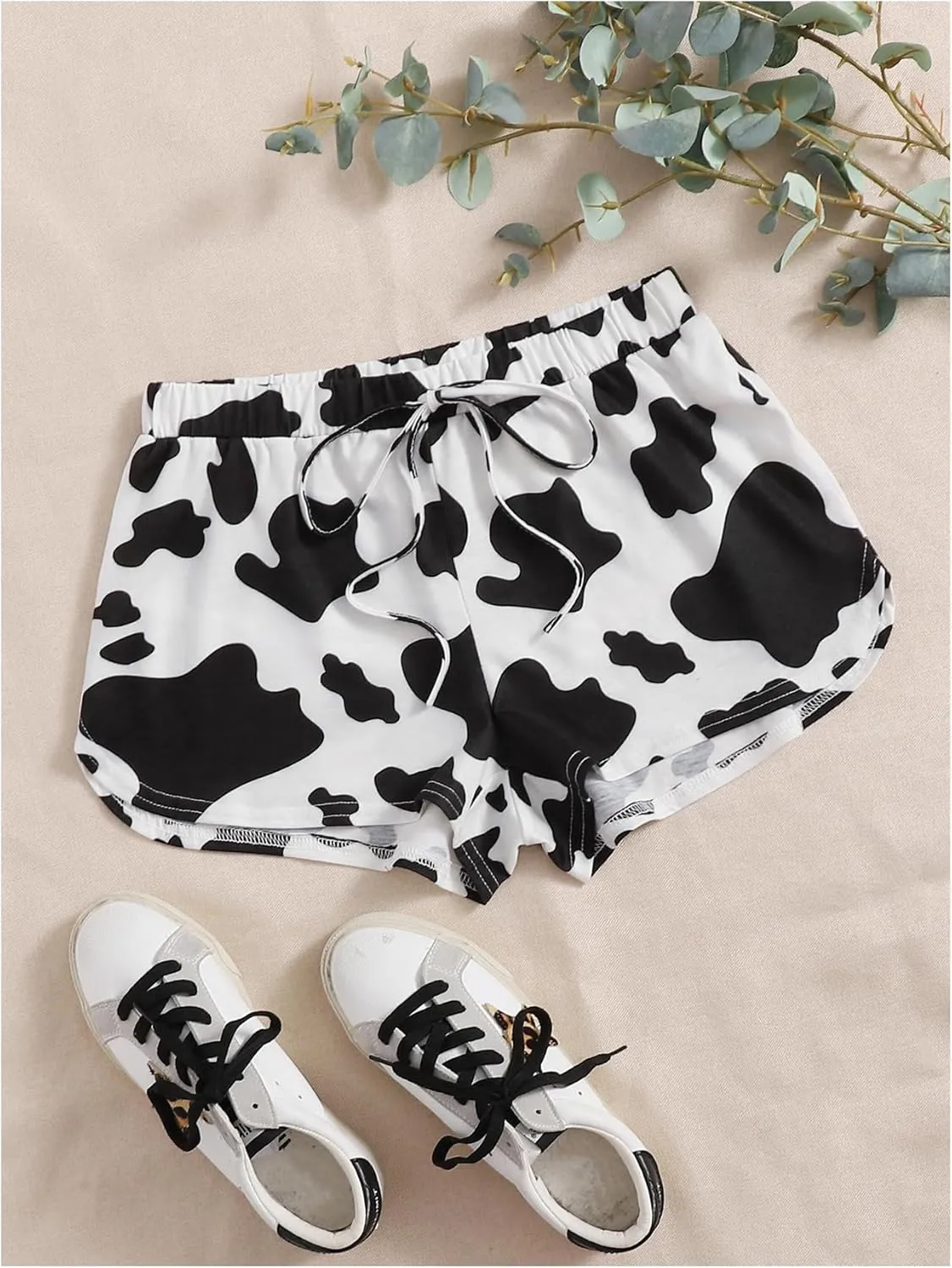 WDIRARA Women's Cow Print Elastic High Waist Shorts Stretch Skinny Shorts