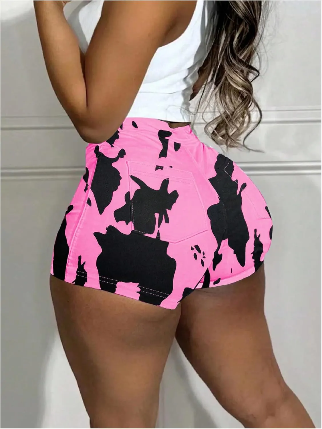 WDIRARA Women's Cow Print Elastic High Waist Shorts Stretch Skinny Shorts