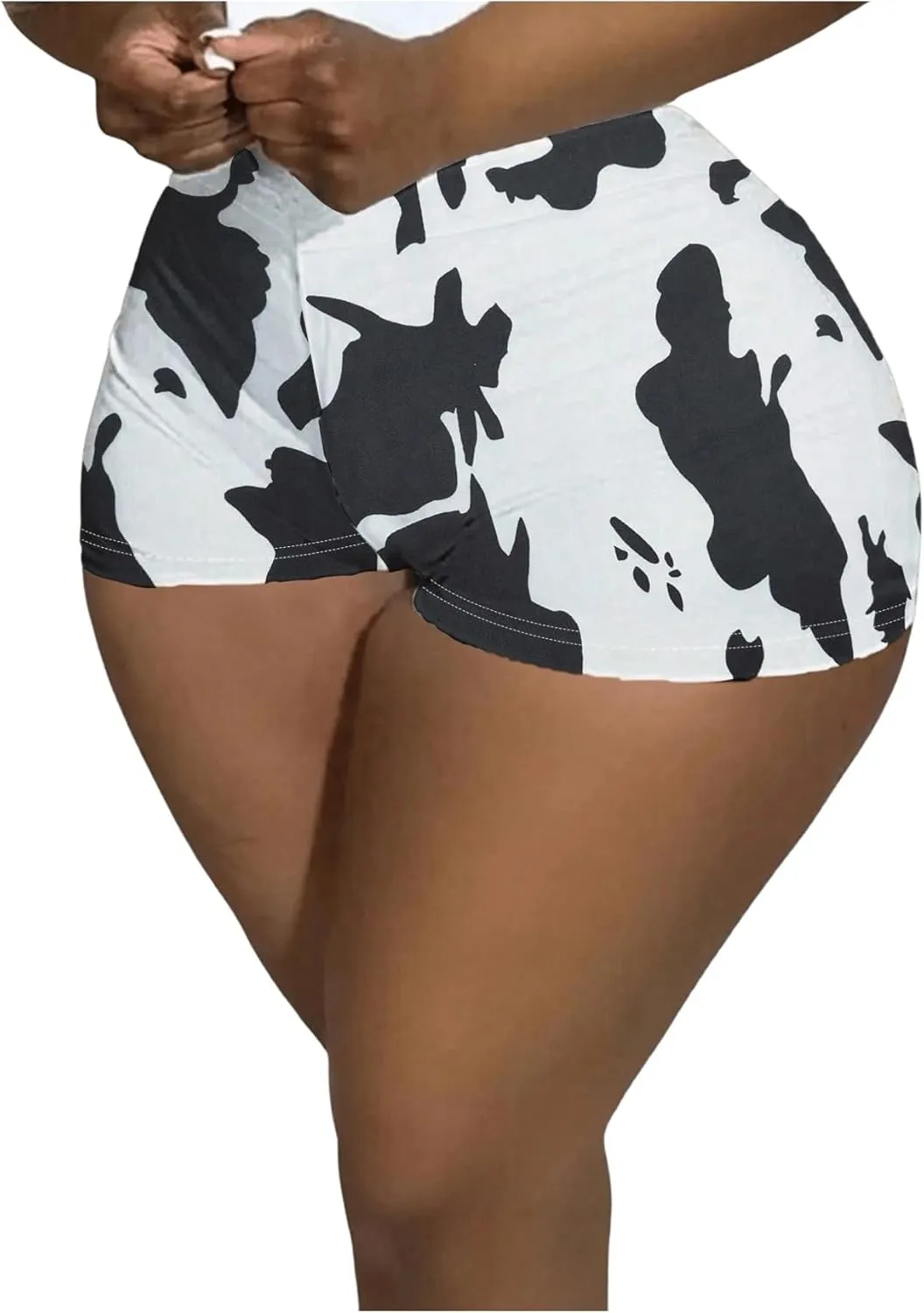 WDIRARA Women's Cow Print Elastic High Waist Shorts Stretch Skinny Shorts