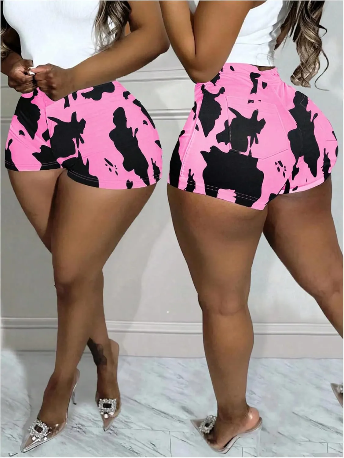 WDIRARA Women's Cow Print Elastic High Waist Shorts Stretch Skinny Shorts