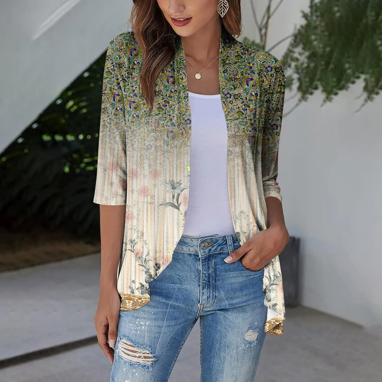 Western Aztec Cardigan for Women 3/4 Length Sleeve Lightweight Summer Cardigan Light Womens Jacket Women's Cardigans