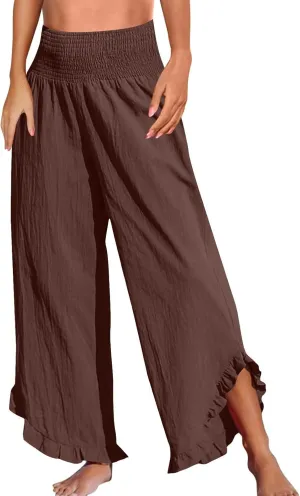 Wide Leg Linen Pants for Women Plus Szie Smocked High Waisted Ruffle Lounge Pants Gauze Summer Pants for Women 2025