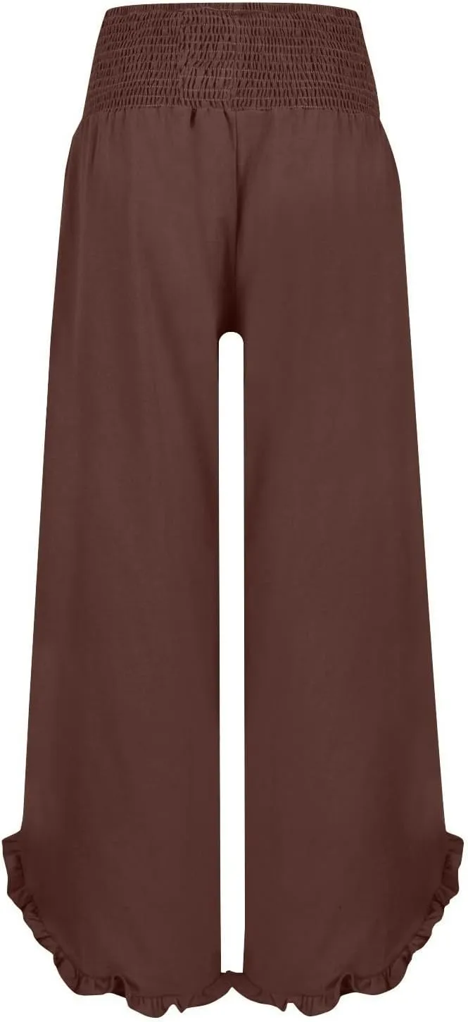Wide Leg Linen Pants for Women Plus Szie Smocked High Waisted Ruffle Lounge Pants Gauze Summer Pants for Women 2025
