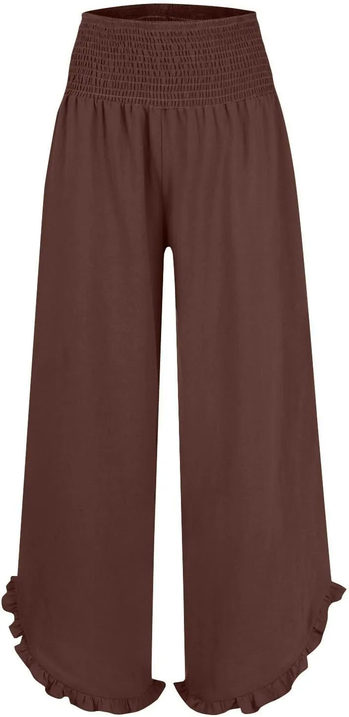 Wide Leg Linen Pants for Women Plus Szie Smocked High Waisted Ruffle Lounge Pants Gauze Summer Pants for Women 2025