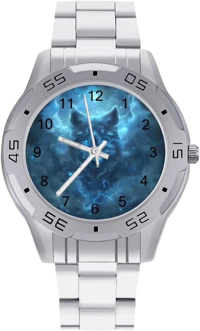 Winged Wolf King and Moon Classic Wrist Watches for Men Casual Business Dress Watch with Stainless Steel Band Work Party