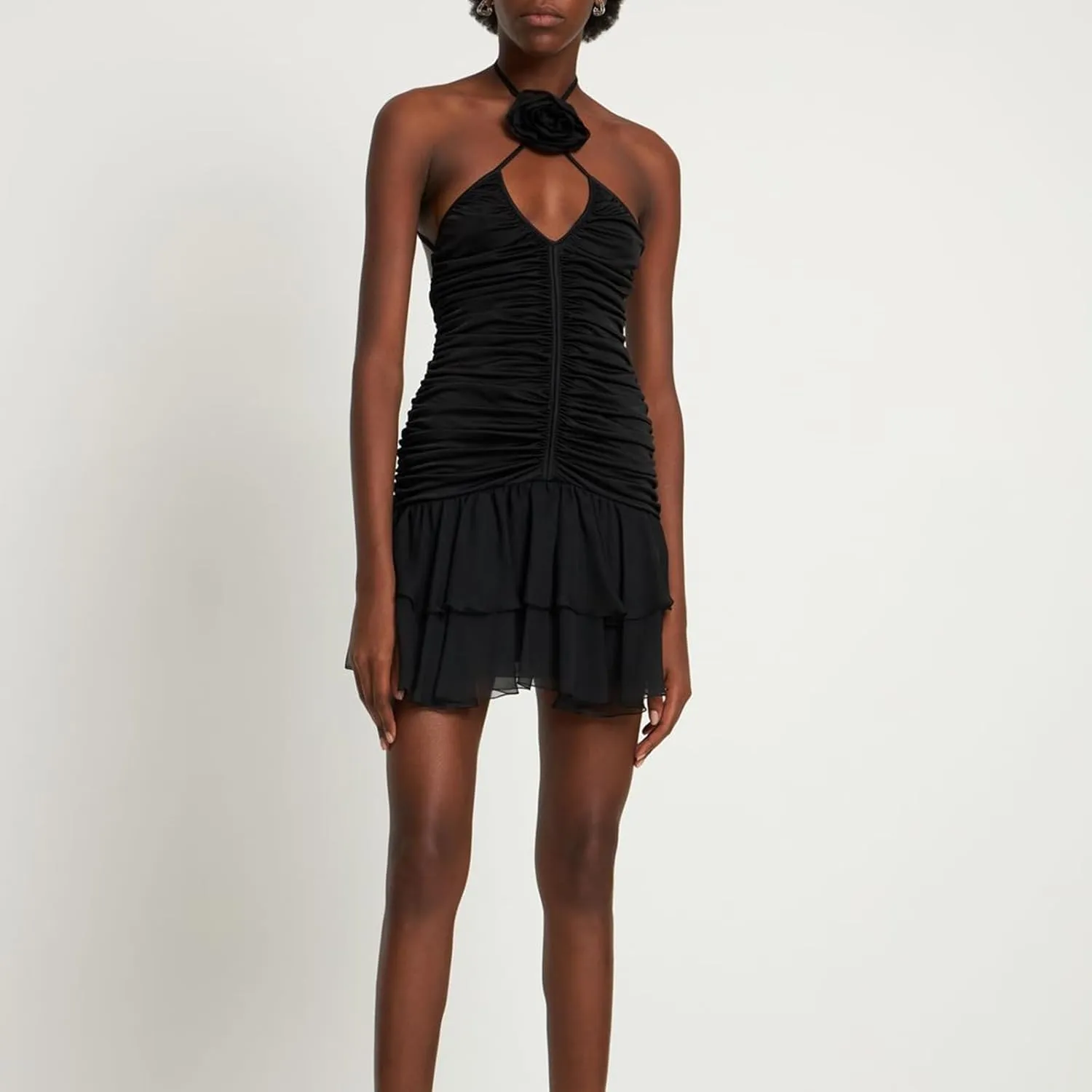 Women 3D Floral Mini Dress Ruched Spaghetti Strap Short Dress Ruffle Pleated Sexy Backless Mini Dresses Summer