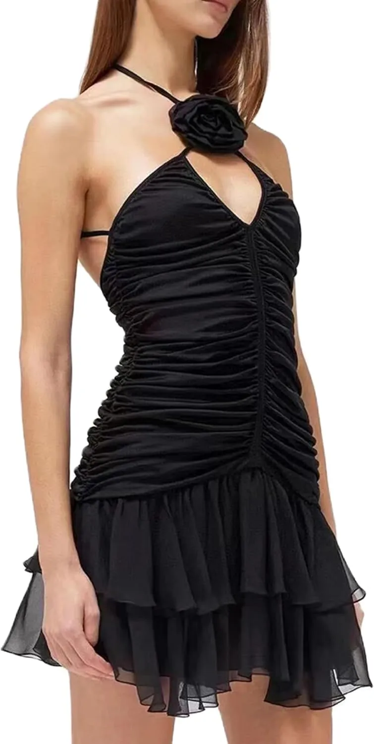 Women 3D Floral Mini Dress Ruched Spaghetti Strap Short Dress Ruffle Pleated Sexy Backless Mini Dresses Summer