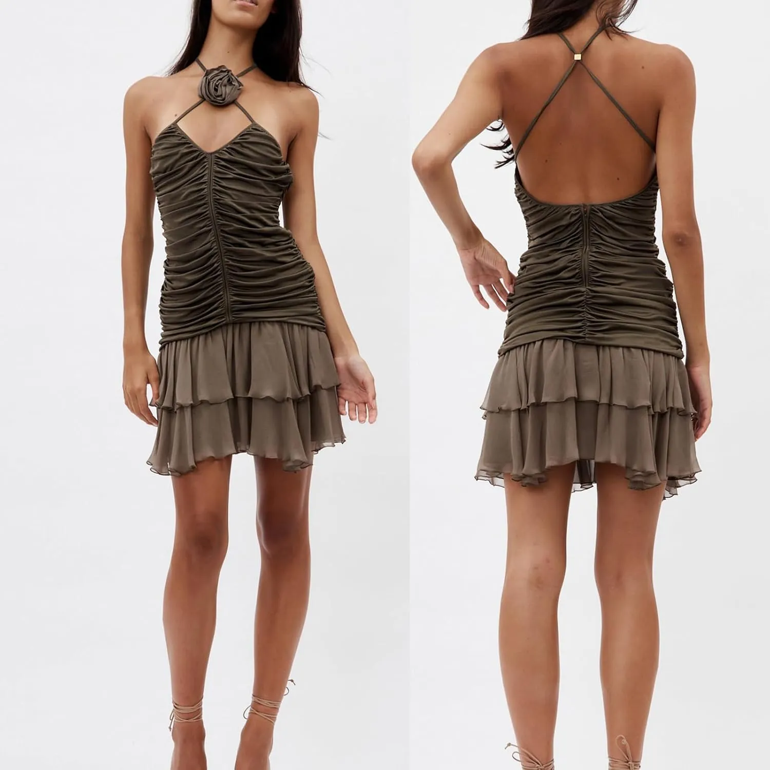 Women 3D Floral Mini Dress Ruched Spaghetti Strap Short Dress Ruffle Pleated Sexy Backless Mini Dresses Summer