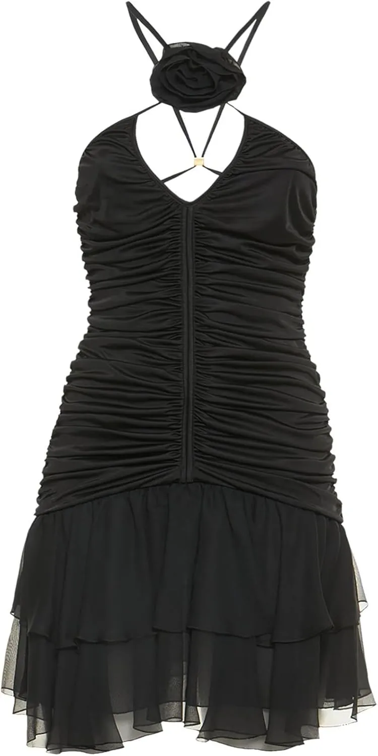Women 3D Floral Mini Dress Ruched Spaghetti Strap Short Dress Ruffle Pleated Sexy Backless Mini Dresses Summer