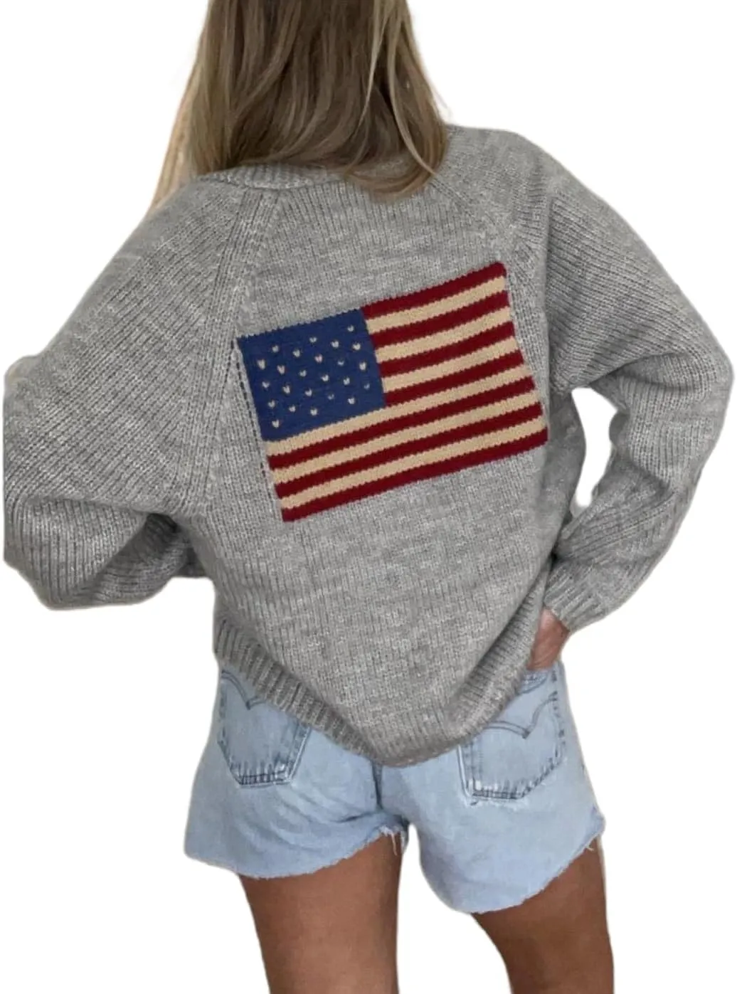 Women American Flag Sweater USA Flag Button Down Cardigan Sweater Jacket 4th of July Patriotic Outfits Knitwear