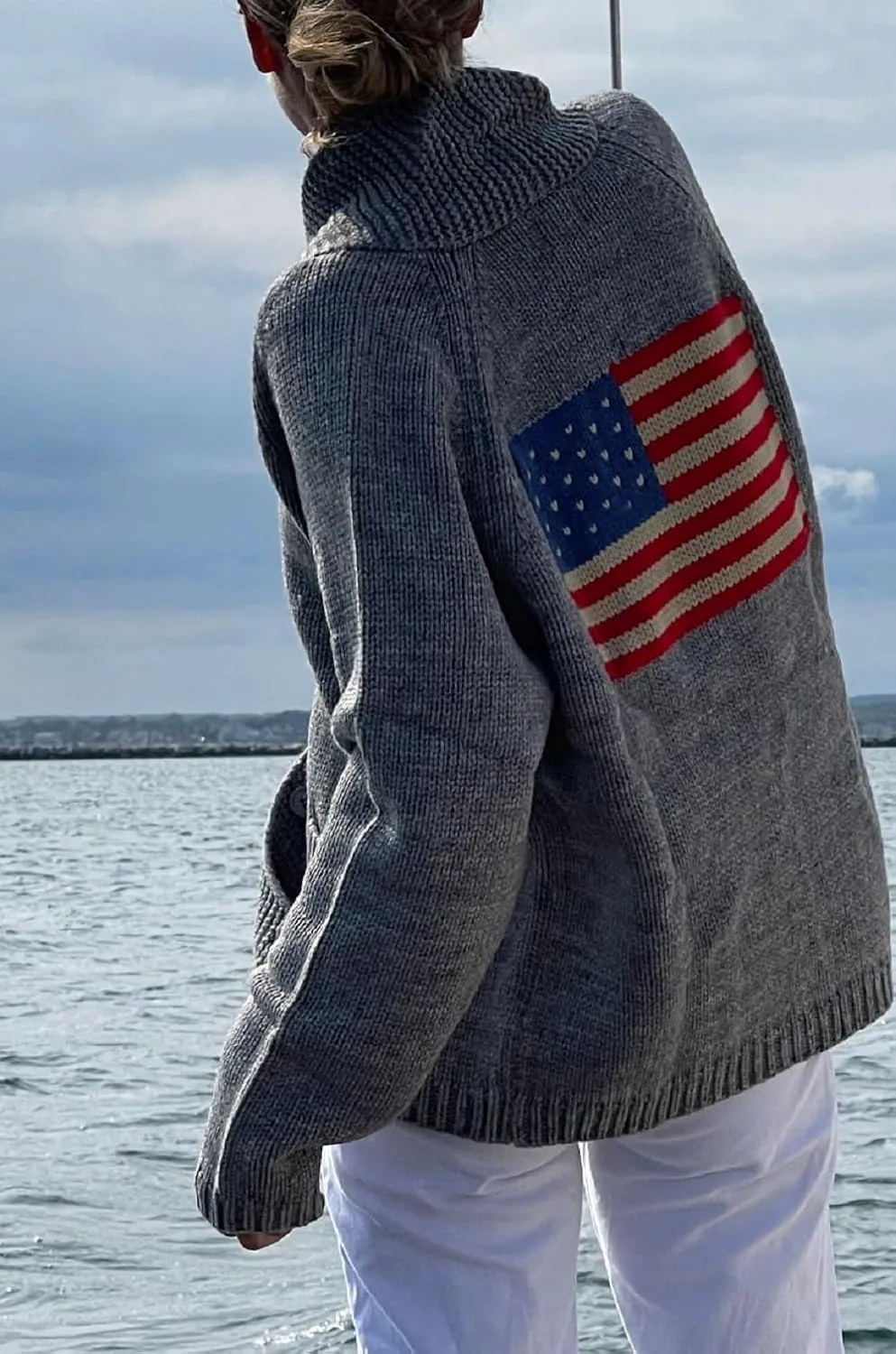 Women American Flag Sweater USA Flag Button Down Cardigan Sweater Jacket 4th of July Patriotic Outfits Knitwear