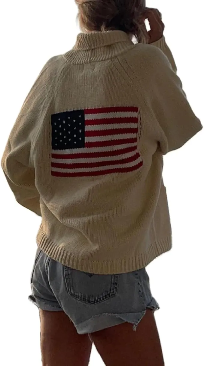 Women American Flag Sweater USA Flag Button Down Cardigan Sweater Jacket 4th of July Patriotic Outfits Knitwear