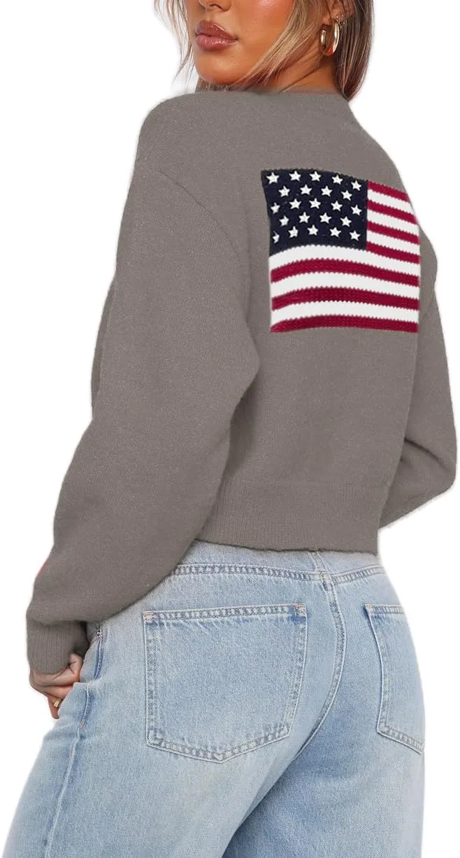 Women American Flag Sweater USA Flag Button Down Cardigan Sweater Jacket 4th of July Patriotic Outfits Knitwear