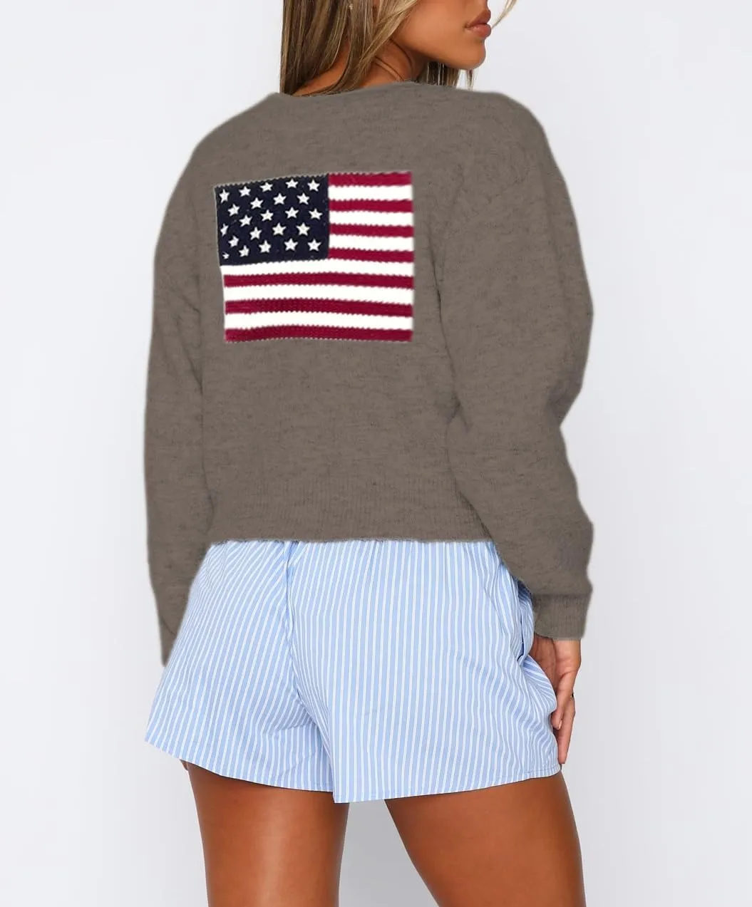Women American Flag Sweater USA Flag Button Down Cardigan Sweater Jacket 4th of July Patriotic Outfits Knitwear