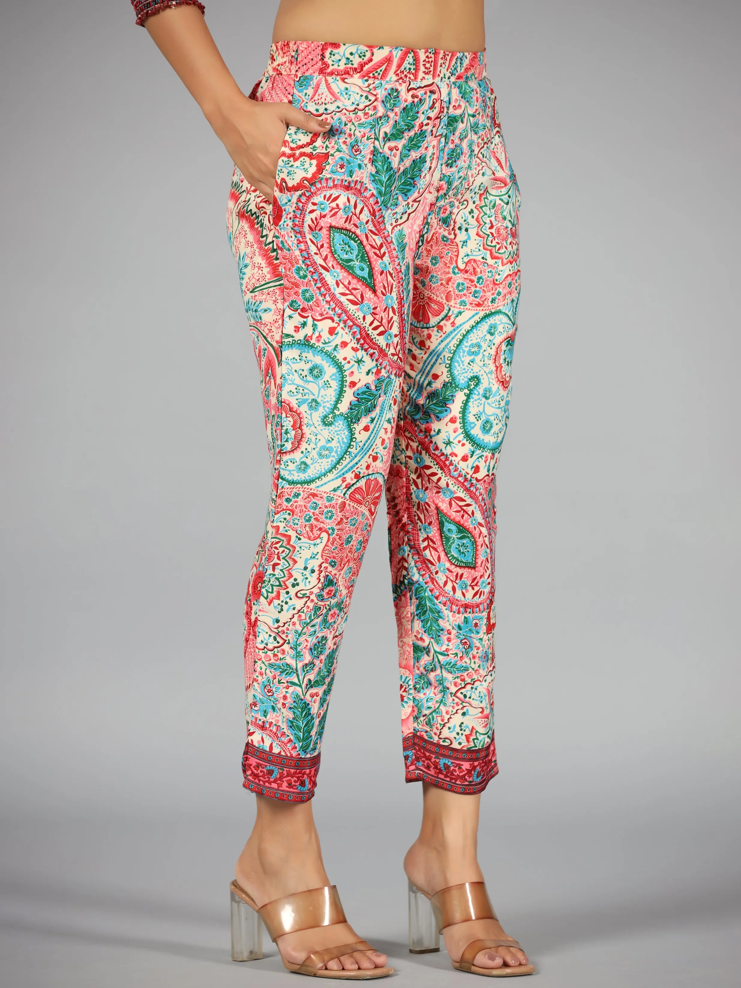 Women Beige Kasturi Silk Printed Clothing Set