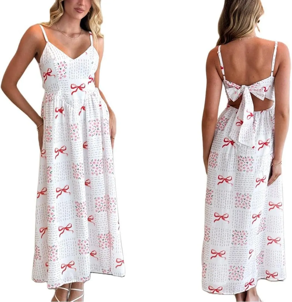 Women Boho Cami Long Dress Graphic Spaghetti Strap Flowy Maxi Dress Summer A Line Beach Vacation Sundress