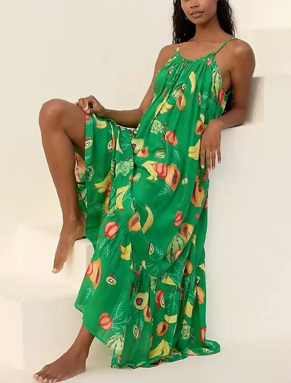 Women Boho Cami Long Dress Graphic Spaghetti Strap Flowy Maxi Dress Summer A Line Beach Vacation Sundress