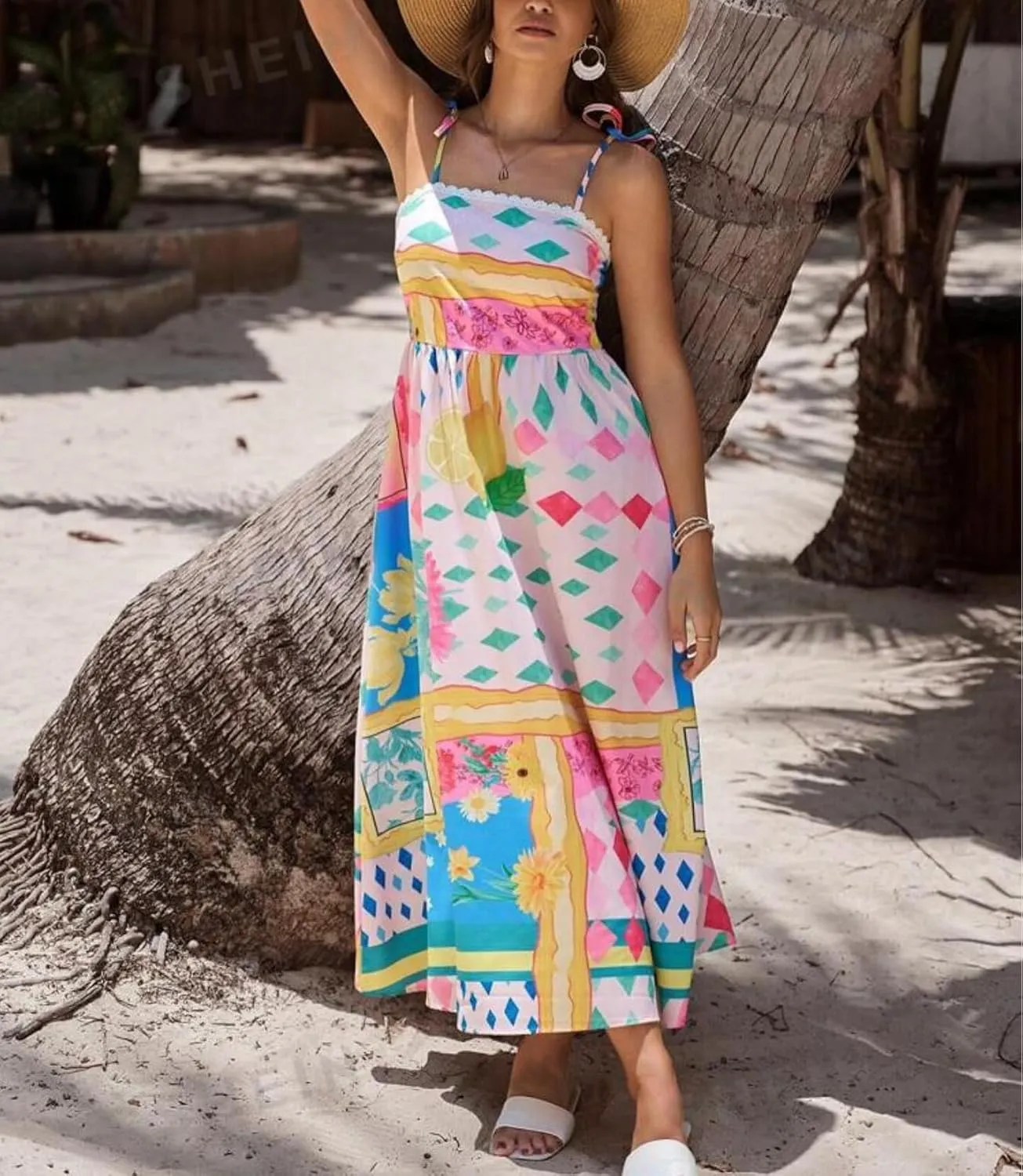 Women Boho Cami Long Dress Graphic Spaghetti Strap Flowy Maxi Dress Summer A Line Beach Vacation Sundress