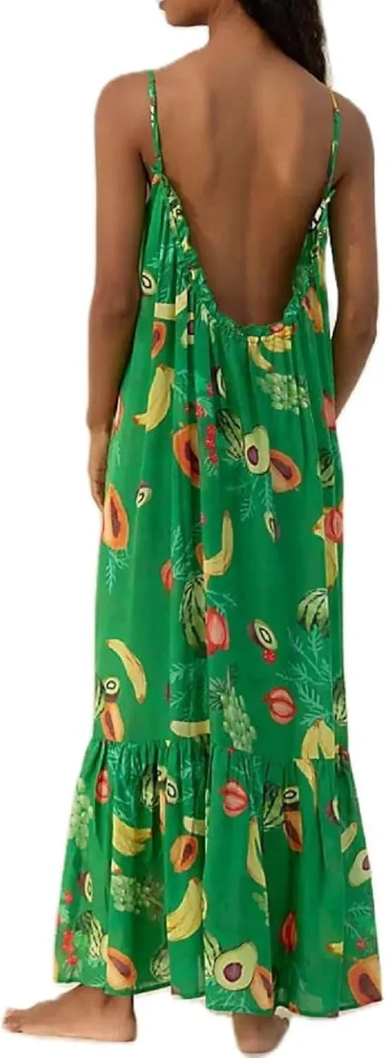 Women Boho Cami Long Dress Graphic Spaghetti Strap Flowy Maxi Dress Summer A Line Beach Vacation Sundress