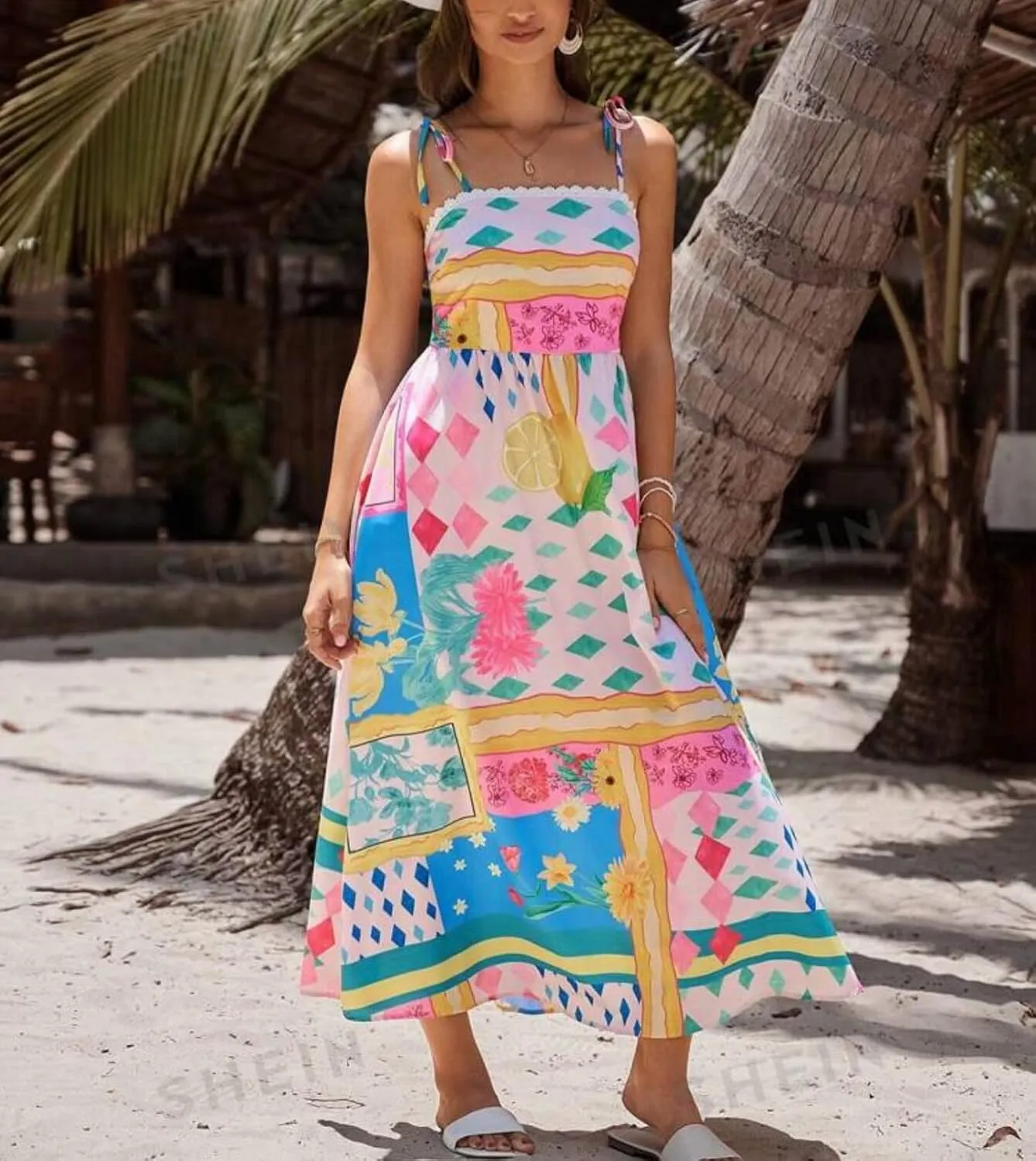 Women Boho Cami Long Dress Graphic Spaghetti Strap Flowy Maxi Dress Summer A Line Beach Vacation Sundress