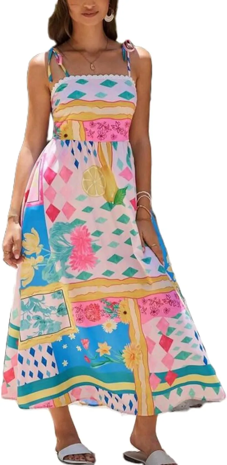 Women Boho Cami Long Dress Graphic Spaghetti Strap Flowy Maxi Dress Summer A Line Beach Vacation Sundress