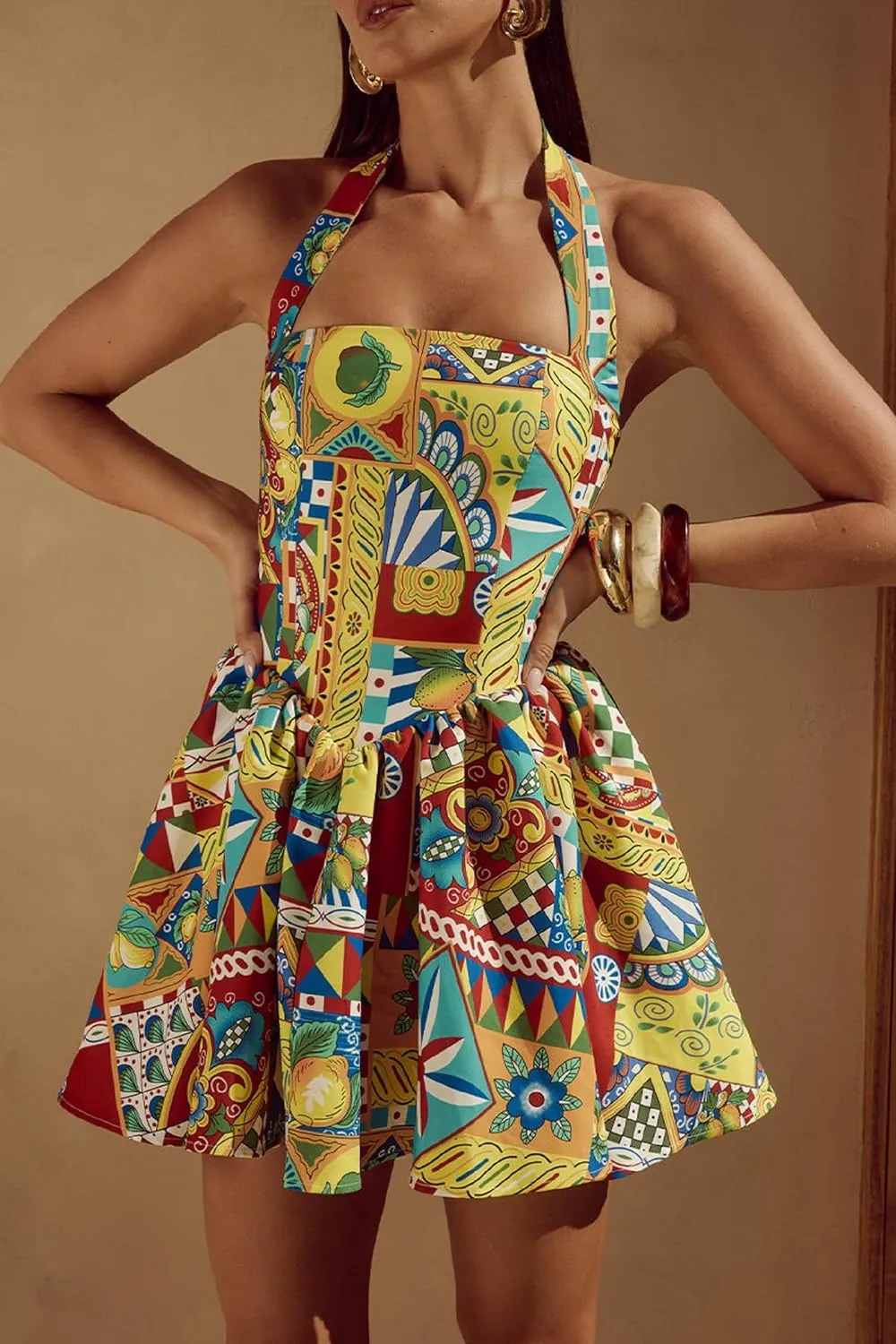 Women Boho Floral Cami Mini Dress Spaghetti Strap Printed A Line Short Dress Graffiti Cut Out Colorful Summer Dress
