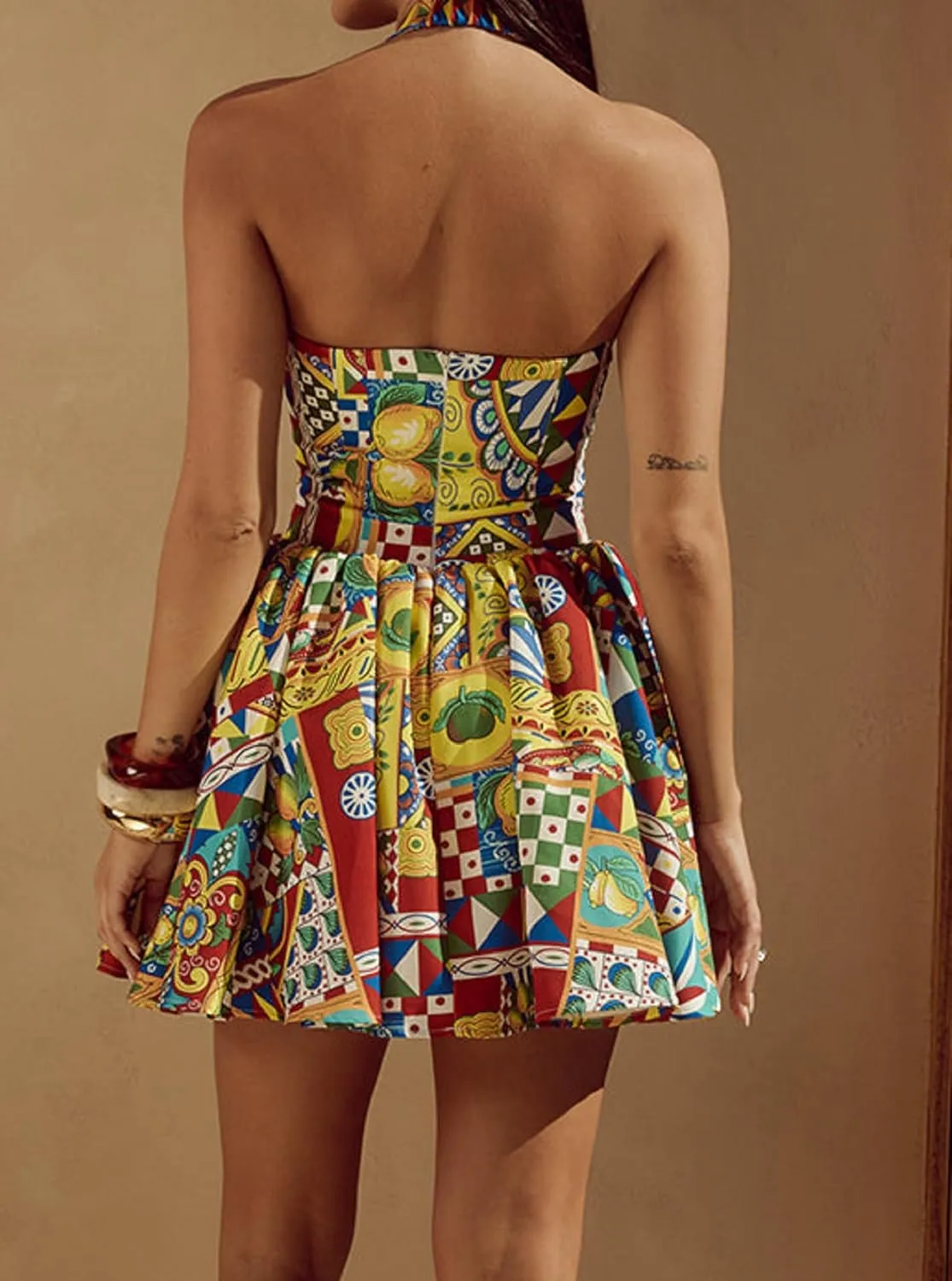 Women Boho Floral Cami Mini Dress Spaghetti Strap Printed A Line Short Dress Graffiti Cut Out Colorful Summer Dress