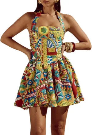 Women Boho Floral Cami Mini Dress Spaghetti Strap Printed A Line Short Dress Graffiti Cut Out Colorful Summer Dress