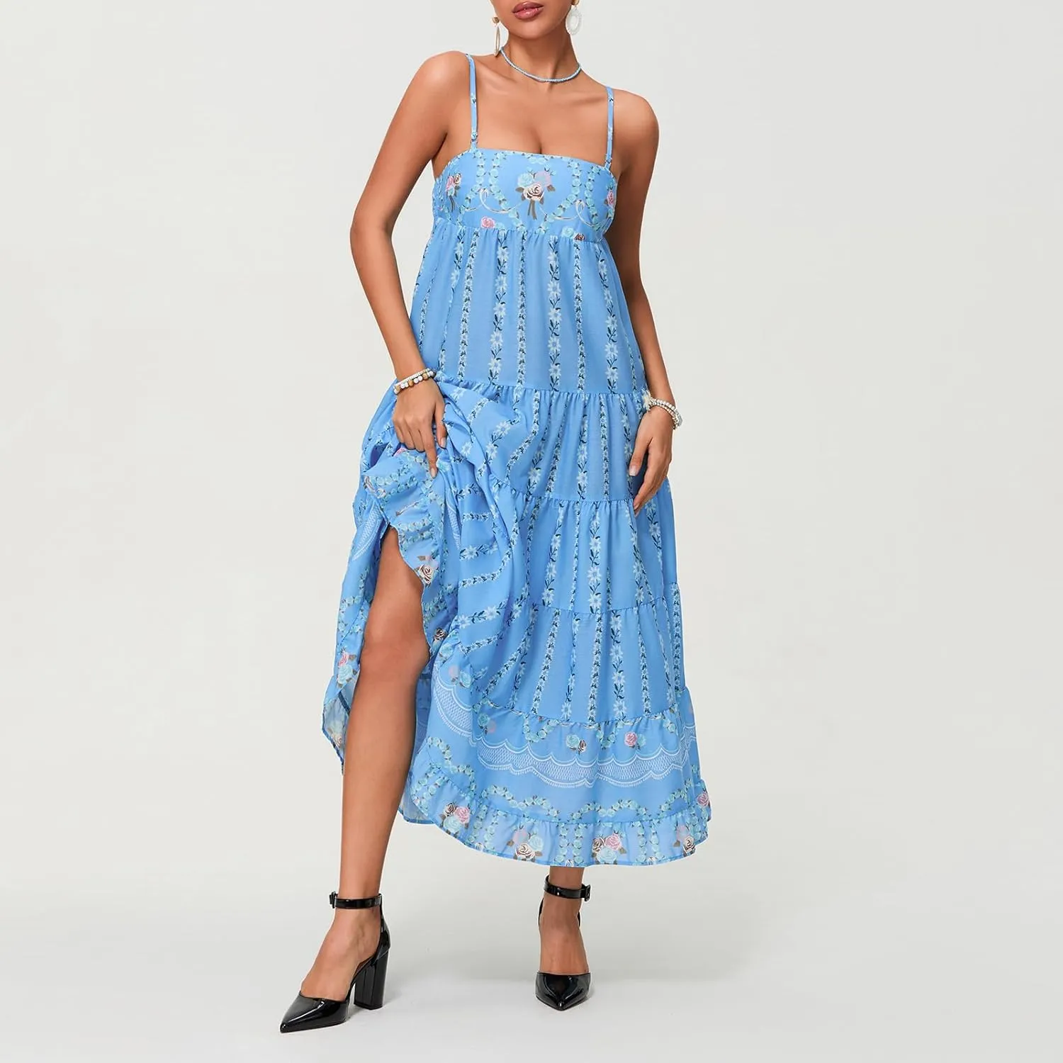 Women Boho Floral Maxi Dress Y2k Sleeveless Long Dress Print Spaghetti Strap A Line Dress Vacation Beach Sundress