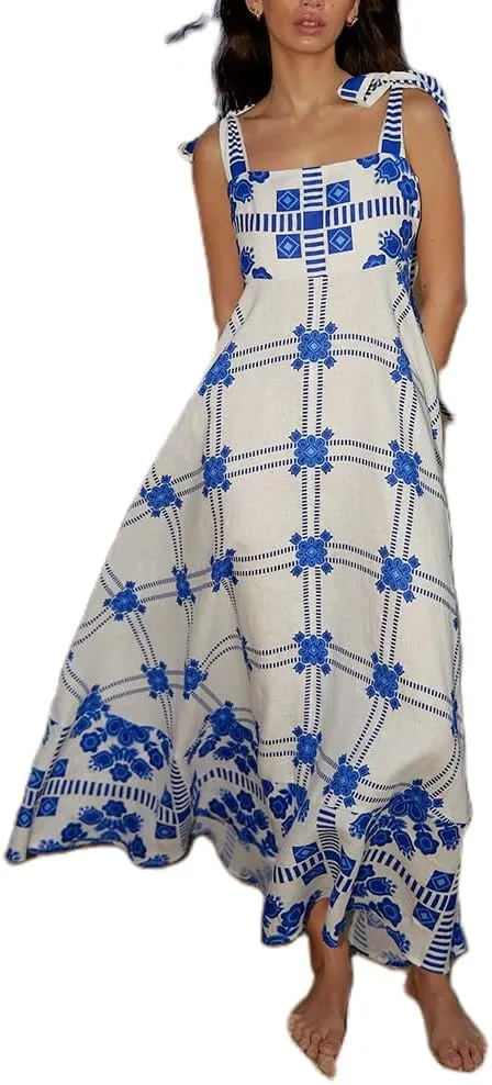 Women Boho Floral Maxi Dress Y2k Sleeveless Long Dress Print Spaghetti Strap A Line Dress Vacation Beach Sundress