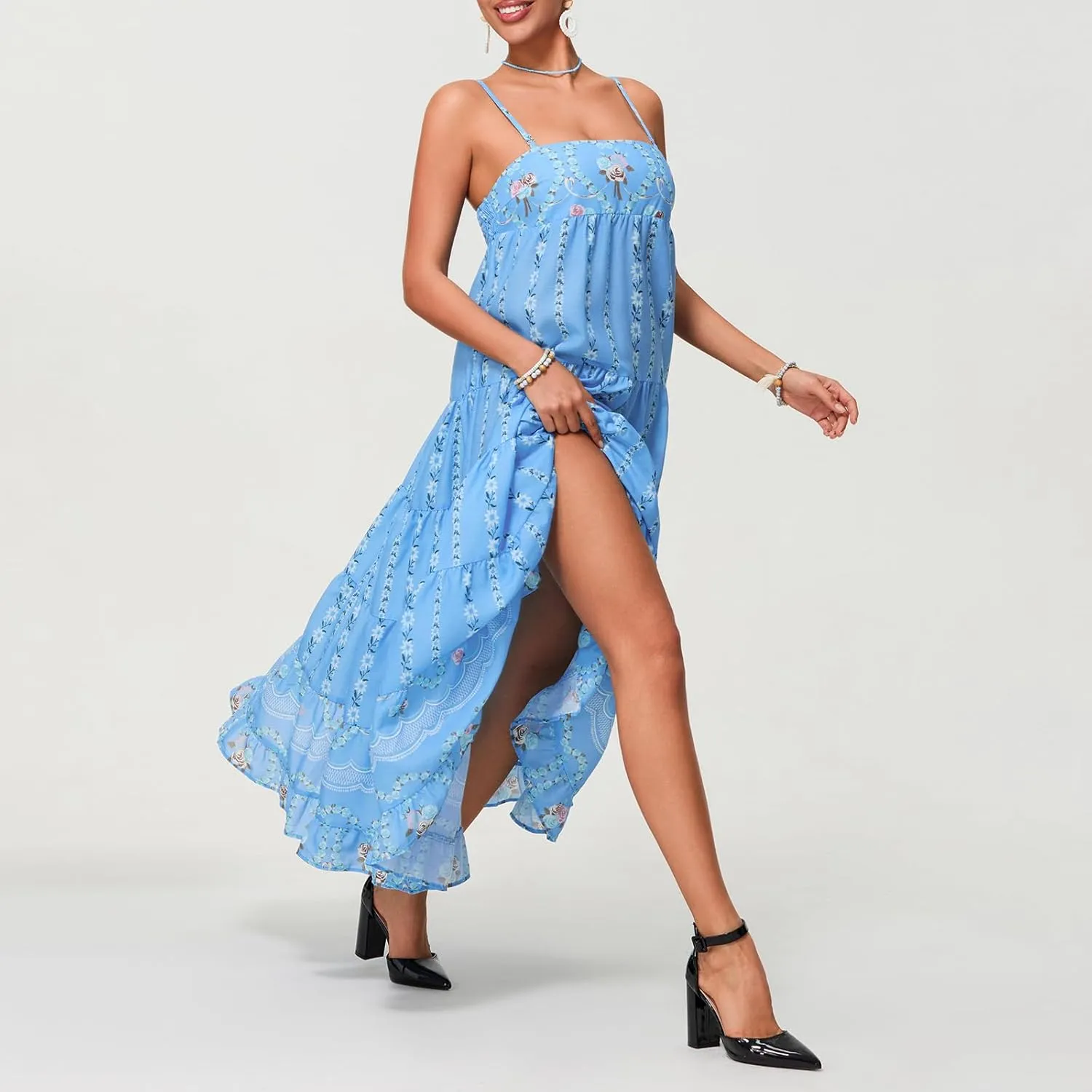 Women Boho Floral Maxi Dress Y2k Sleeveless Long Dress Print Spaghetti Strap A Line Dress Vacation Beach Sundress