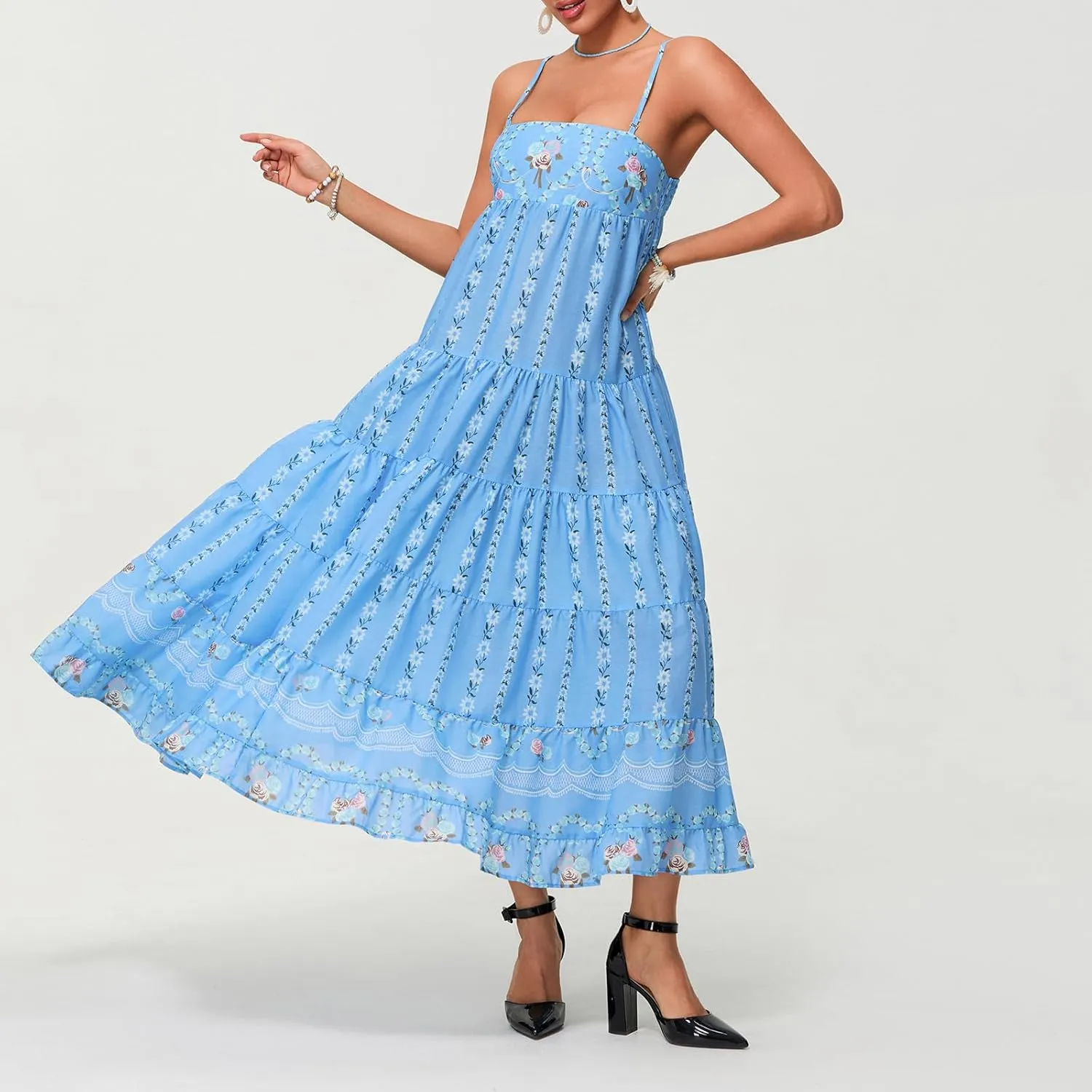 Women Boho Floral Maxi Dress Y2k Sleeveless Long Dress Print Spaghetti Strap A Line Dress Vacation Beach Sundress
