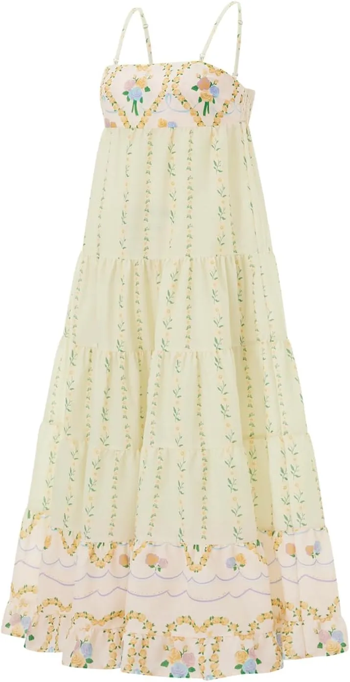 Women Boho Floral Maxi Dress Y2k Sleeveless Long Dress Print Spaghetti Strap A Line Dress Vacation Beach Sundress