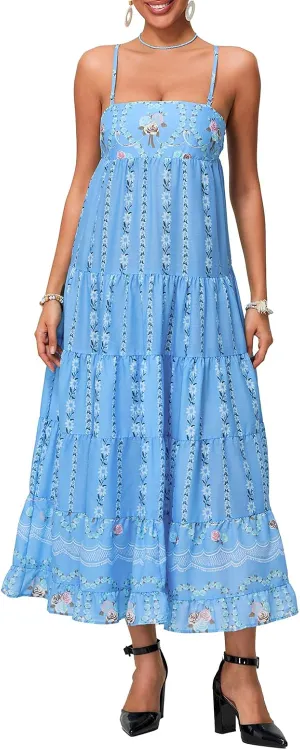 Women Boho Floral Maxi Dress Y2k Sleeveless Long Dress Print Spaghetti Strap A Line Dress Vacation Beach Sundress