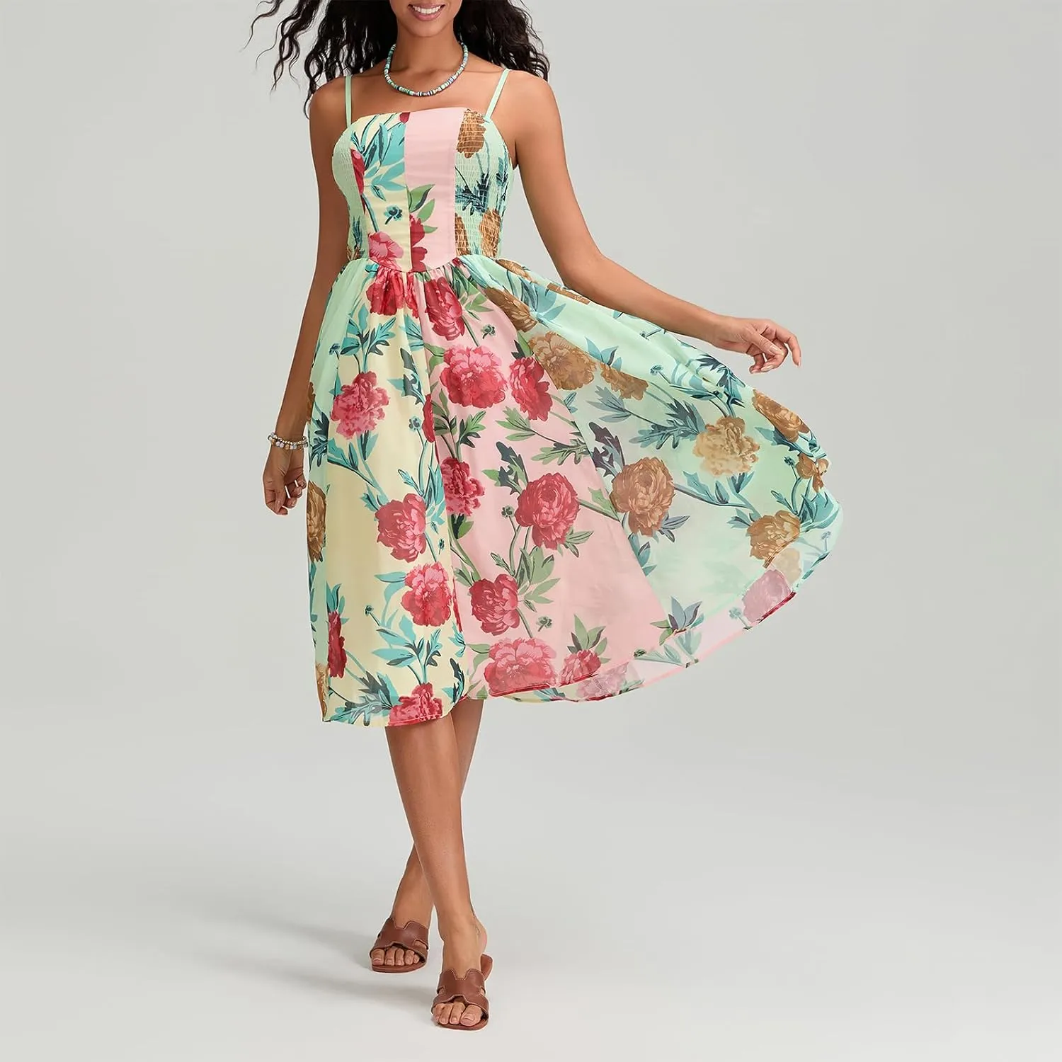 Women Boho Floral Maxi Dress Y2k Sleeveless Long Dress Print Spaghetti Strap A Line Dress Vacation Beach Sundress