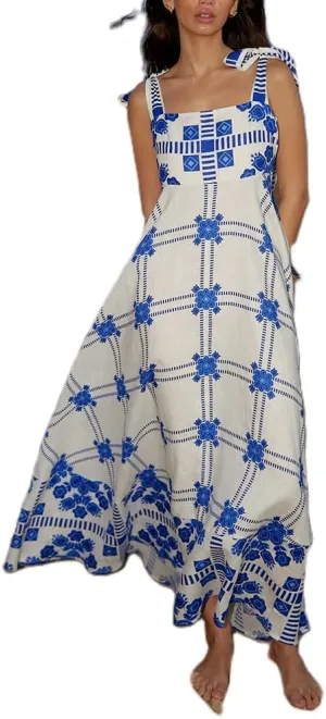 Women Boho Floral Maxi Dress Y2k Sleeveless Long Dress Print Spaghetti Strap A Line Dress Vacation Beach Sundress