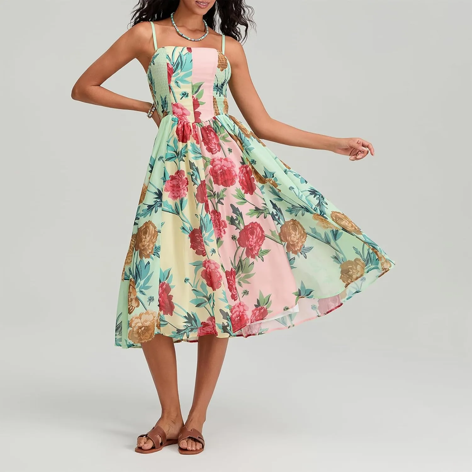 Women Boho Floral Maxi Dress Y2k Sleeveless Long Dress Print Spaghetti Strap A Line Dress Vacation Beach Sundress