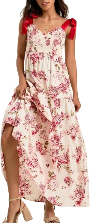 Women Boho Floral Maxi Dress Y2k Sleeveless Long Dress Print Spaghetti Strap A Line Dress Vacation Beach Sundress