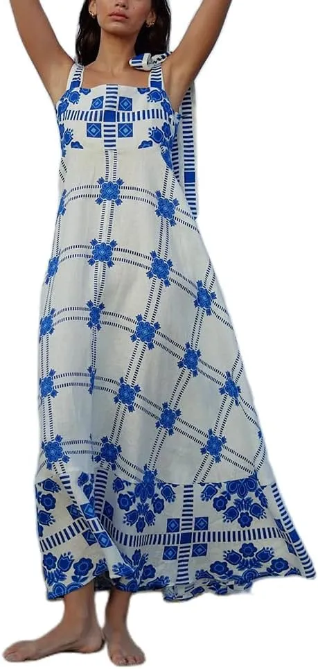 Women Boho Floral Maxi Dress Y2k Sleeveless Long Dress Print Spaghetti Strap A Line Dress Vacation Beach Sundress