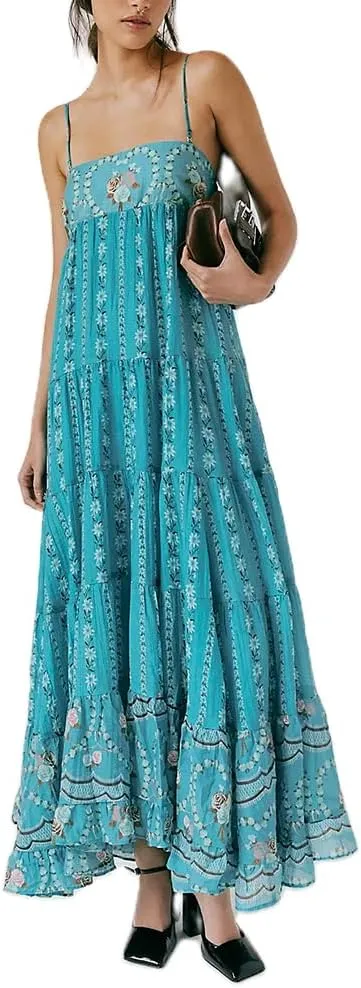 Women Boho Floral Maxi Dress Y2k Sleeveless Long Dress Print Spaghetti Strap A Line Dress Vacation Beach Sundress
