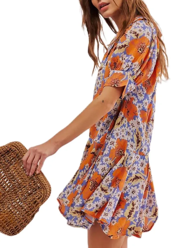 Women Boho Floral Mini Dress Y2k V Neck Ruffle Puff Sleeve Babydoll Flowy Dress Summer Going Out Swing Short Dresses
